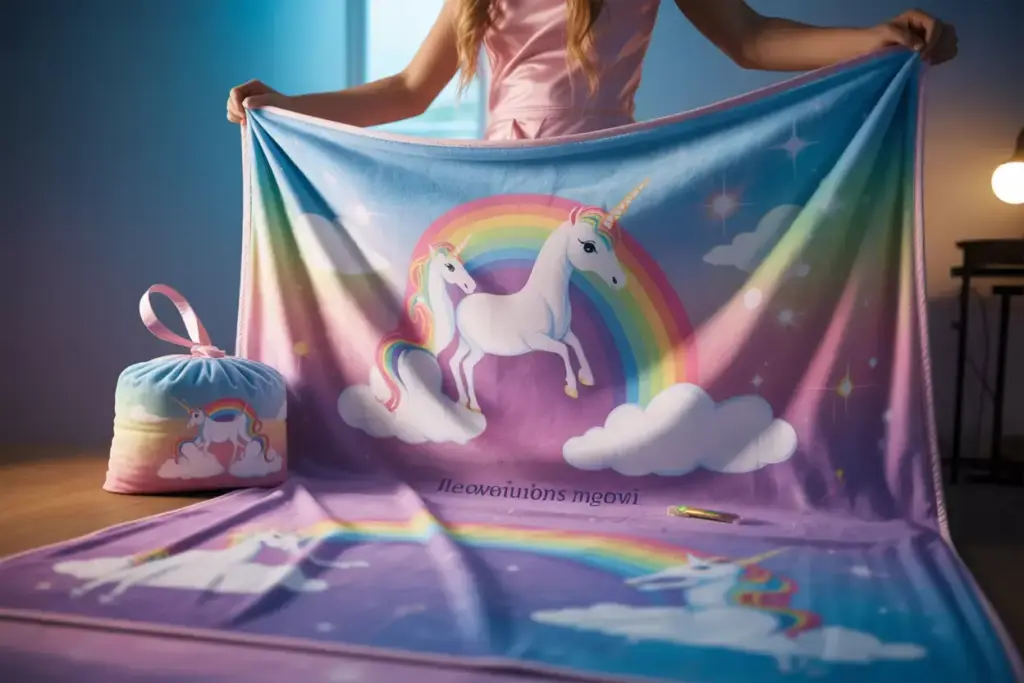 Rainbow unicorn velour towel with storage pouch