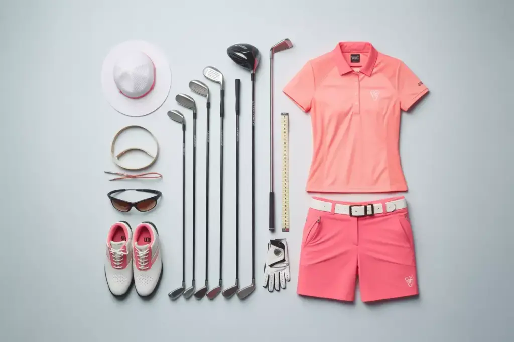 Womens Beginner Golf Club Set With Flex Shafts And Proper Attire Laid Out For Fitting
