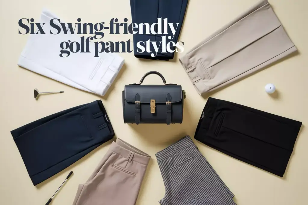Overhead view six golf pants styles around minimalist golf bag