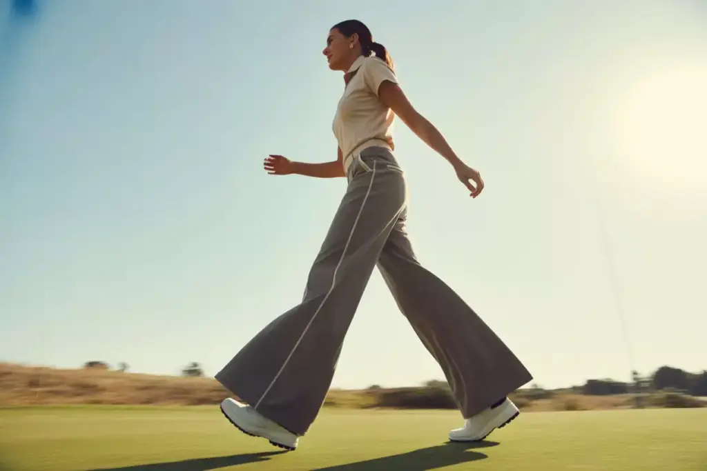 Athletic wide leg golf pants flowing silhouette structured waist
