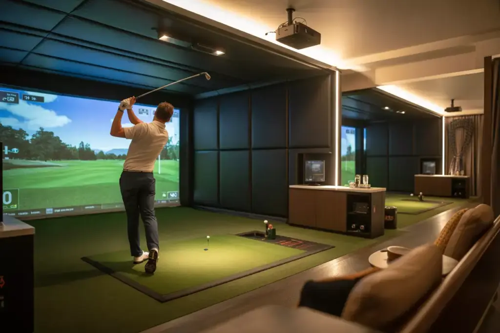 A Luxurious Home Golf Simulator Paradise With A Golfer Swinging At A Large Impact Screen And Comfortable Seating