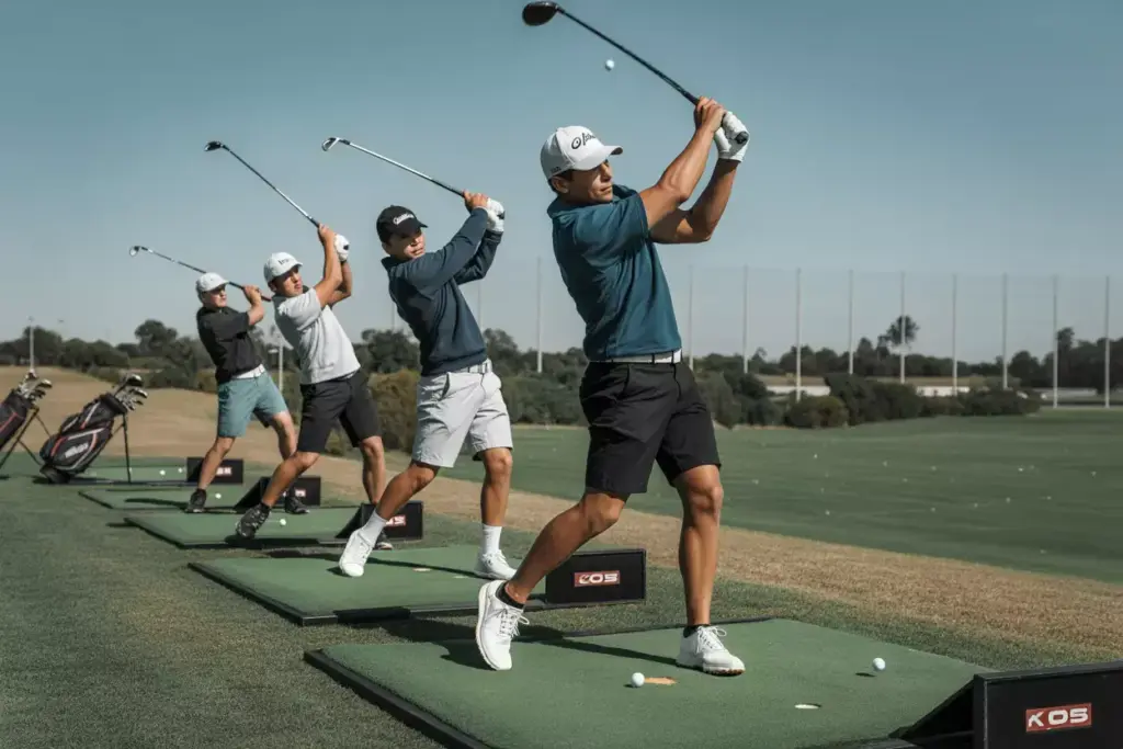 Action Packed Golf Team Practice Session At Driving Range With Multiple Players Swinging And Balls In Flight