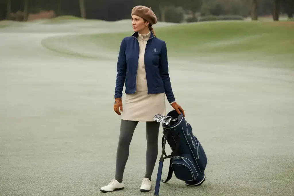 The Classic Preppy Winter Look Woman Golfer In Navy Cashmere Sweater And Beret On Frosty Fairway