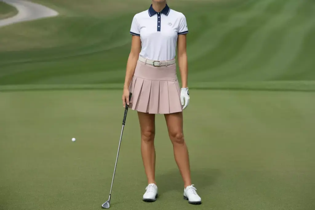 1 classic white polo pleated skirt mid thigh golfer fairway stance