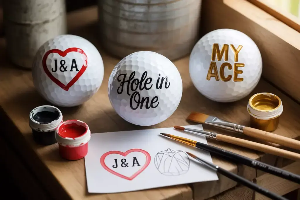 Hand painted golf balls with initials and love messages on wooden table