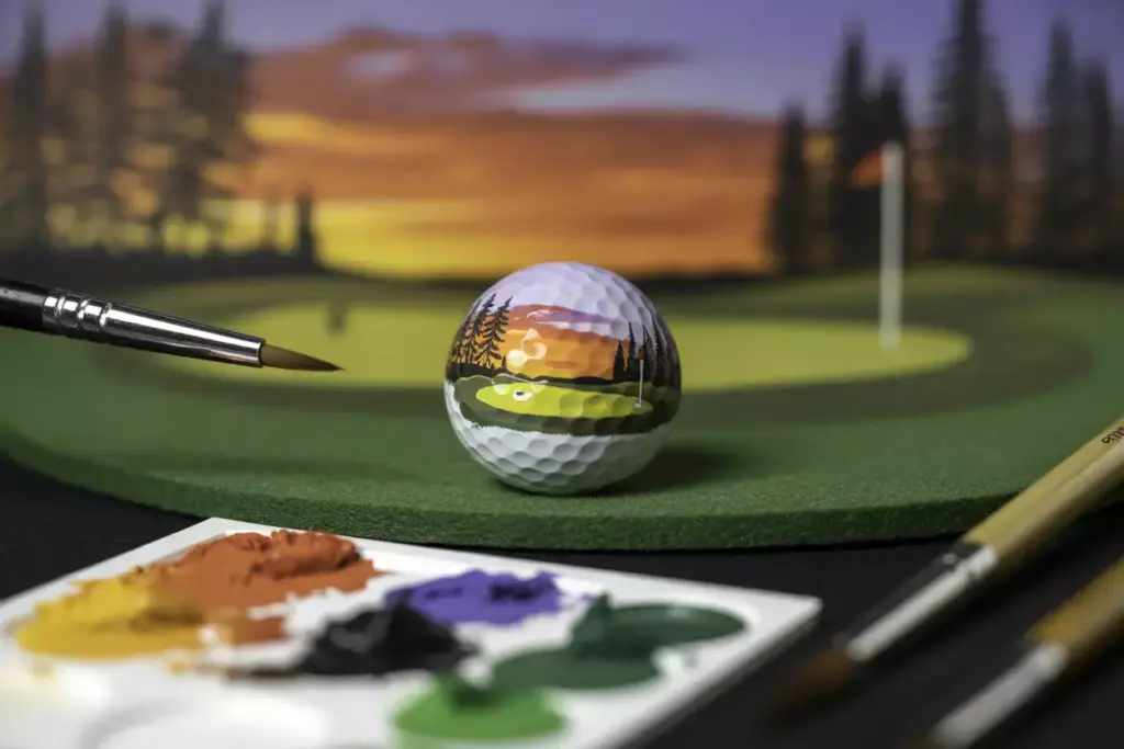 Close up of golf ball with painted sunset golf course landscape scene