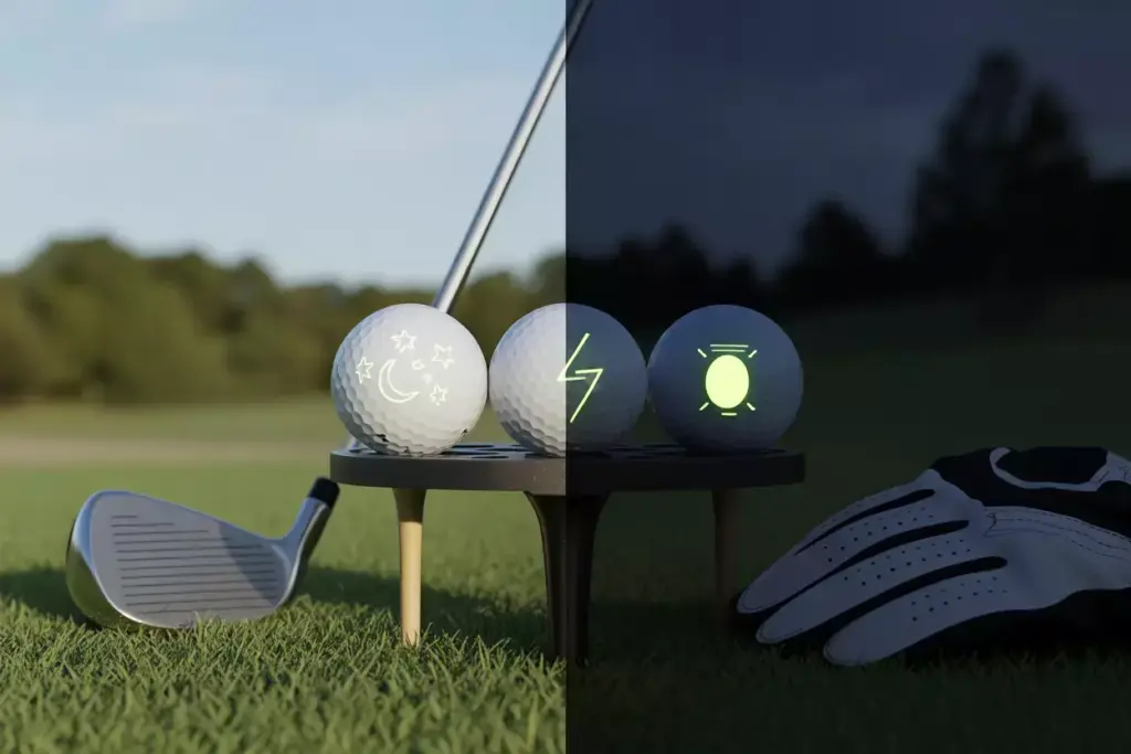 Golf balls with glow in the dark designs in day and night setting