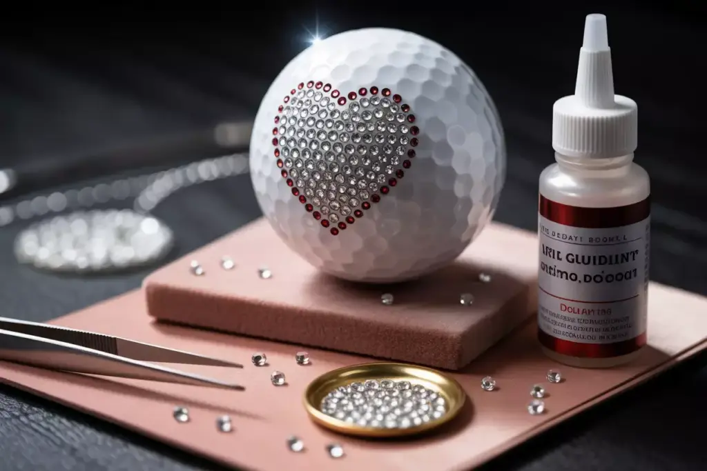 Golf ball decorated with rhinestone heart on velvet presentation pad