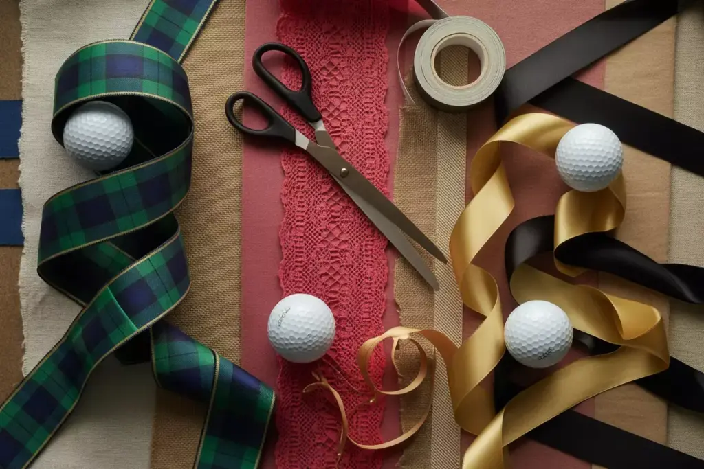 Golf balls wrapped in plaid lace and satin ribbons flat lay