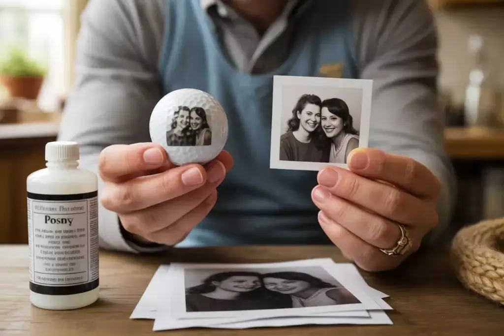 Hands holding golf ball with transferred couple photo and original print