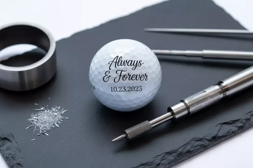 Professionally engraved golf ball with date and slogan on slate
