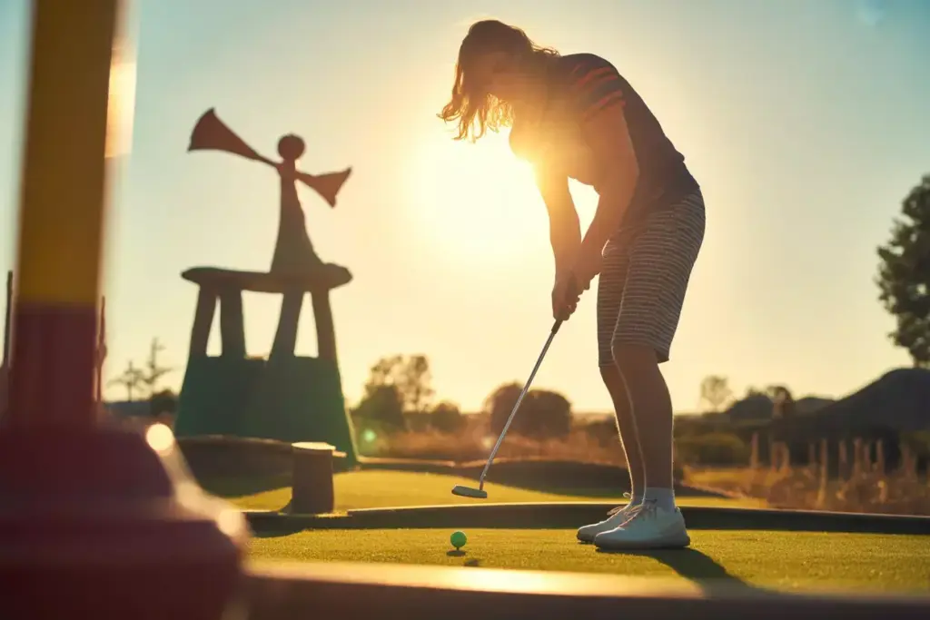 Golden Hour Backlit Silhouette Of Player Putting On Course
