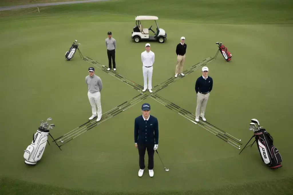 Strategic Golf Team Formation On Putting Green Using Clubs And Bags As Geometric Props