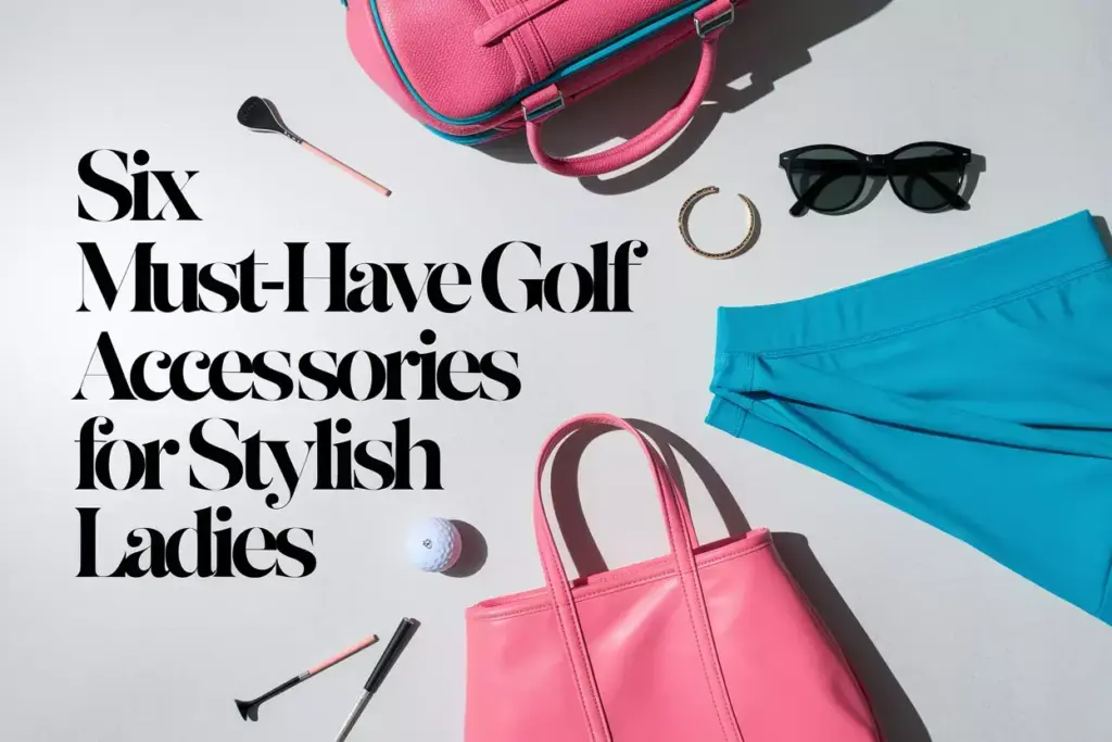 Six premium golf accessories flat lay on neutral background