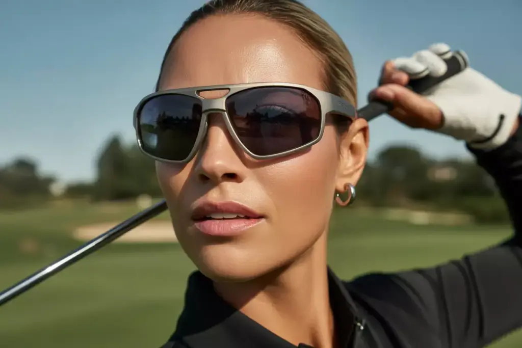 Polarized sunglasses on woman during golf swing sporty elegance