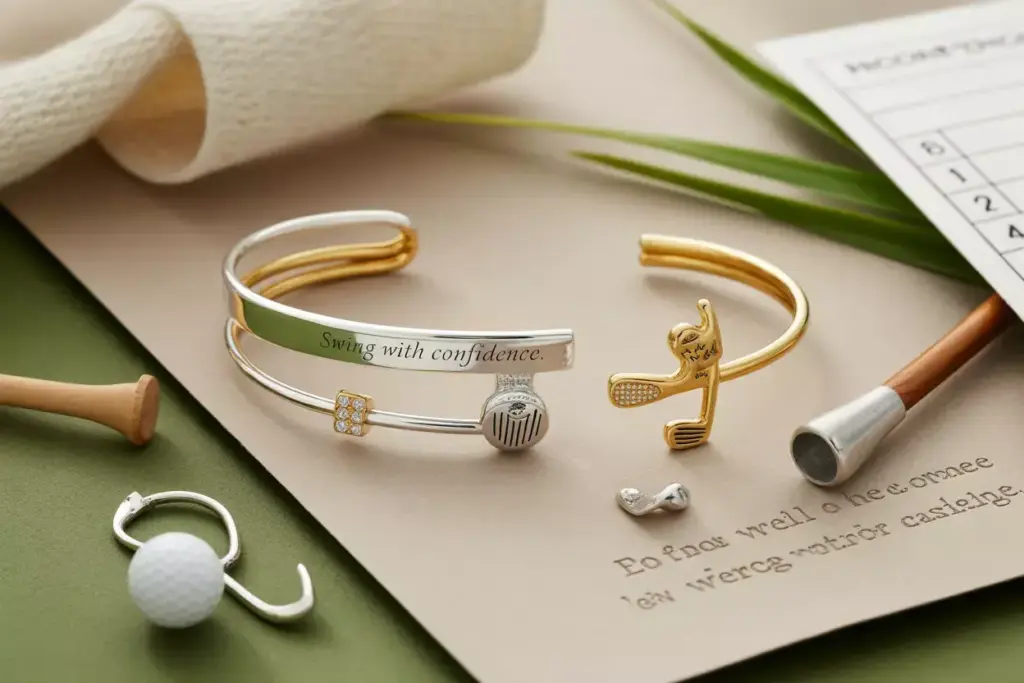 Sterling silver golf cuff bracelet with charms flat lay styling