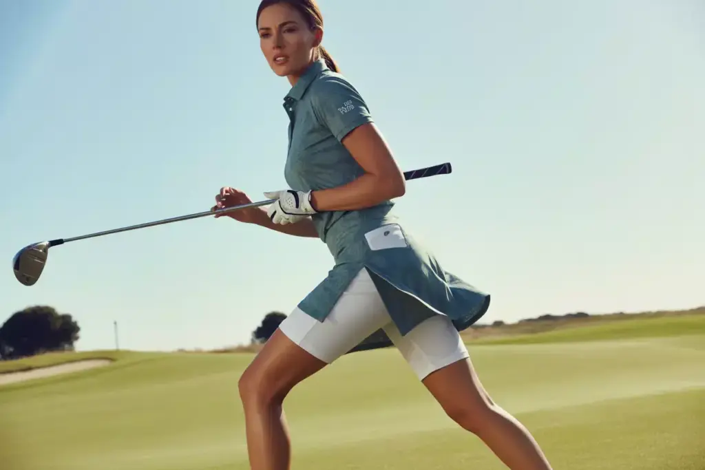 Woman in golf skort dynamic pose showcasing fit pockets
