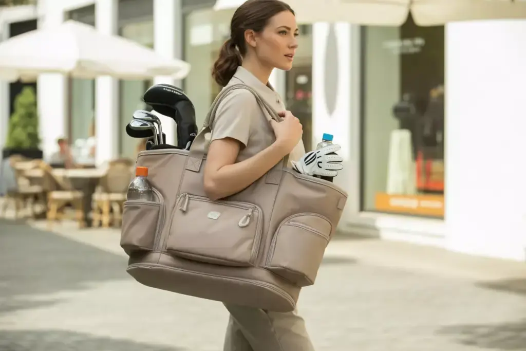 Water resistant golf tote bag carried in upscale urban setting