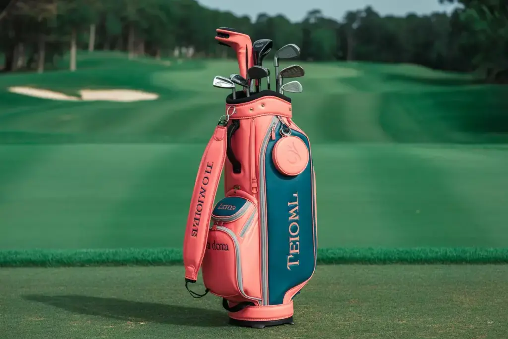 Vibrant designer golf bag on tee box with personalized charm