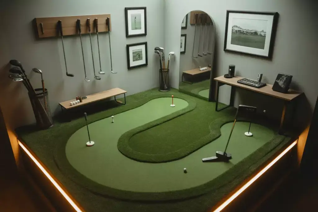 A Compact Custom Shaped Putting Green With Wall Mounted Storage And Led Lighting In A Small Dedicated Room