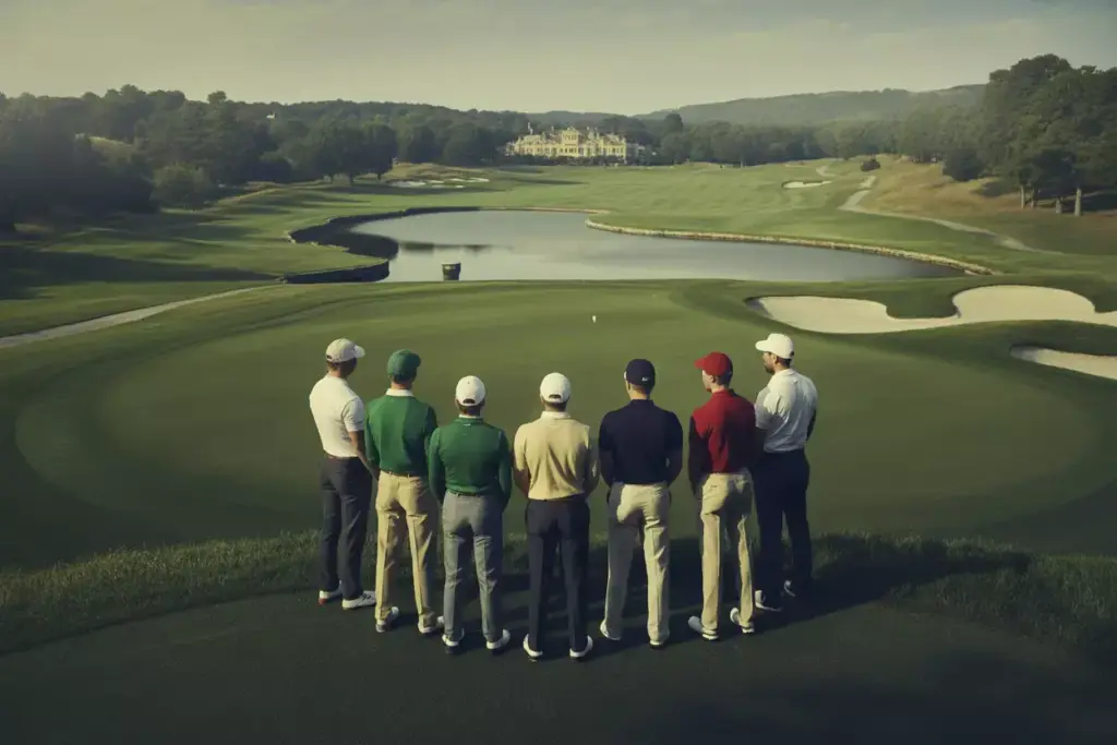 Golf Team Portrait On Elevated Tee Box With Expansive Course Landscape And Water Hazard Backdrop