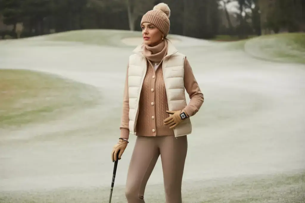 The Luxury Comfort Collection Woman Golfer In Cashmere Cardigan And Scarf