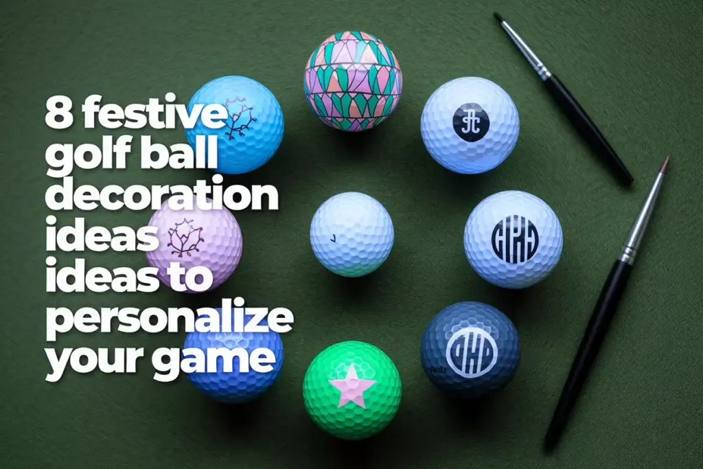 A top down view of eight uniquely decorated festive golf balls on green mat