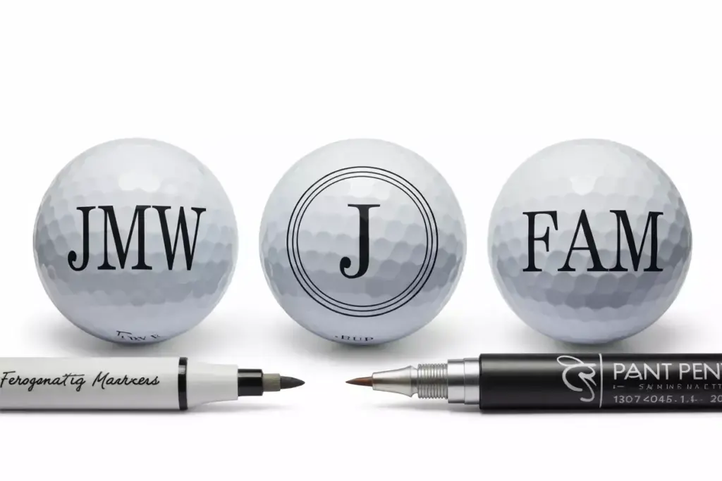 Elegant monogram initials on white golf balls flat lay