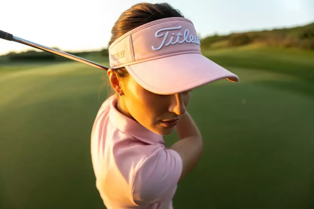 Titleist soft pink visor golfer sunrise fairway action