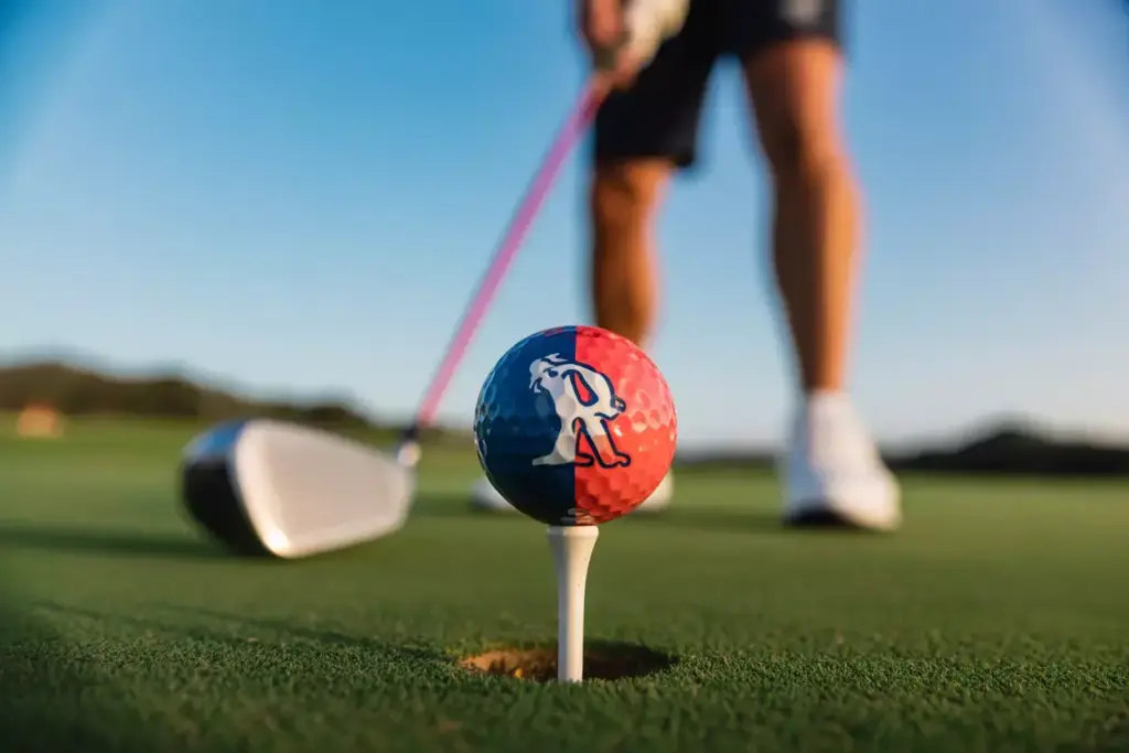 Golf ball with team logo on tee at driving range