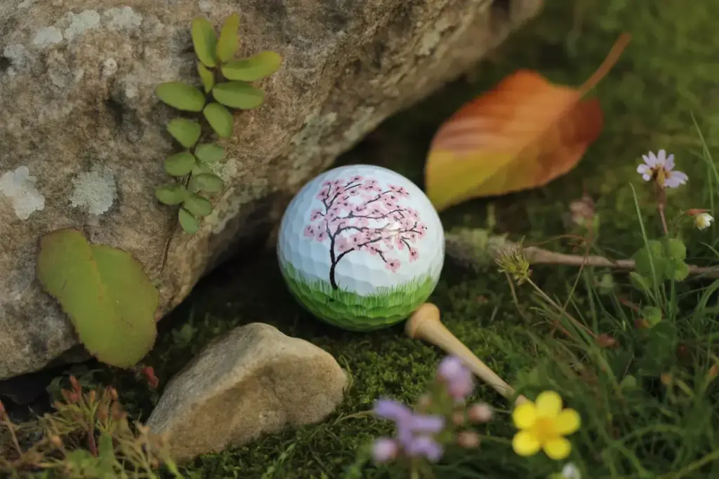 Botanical floral golf ball on mossy rock in woods