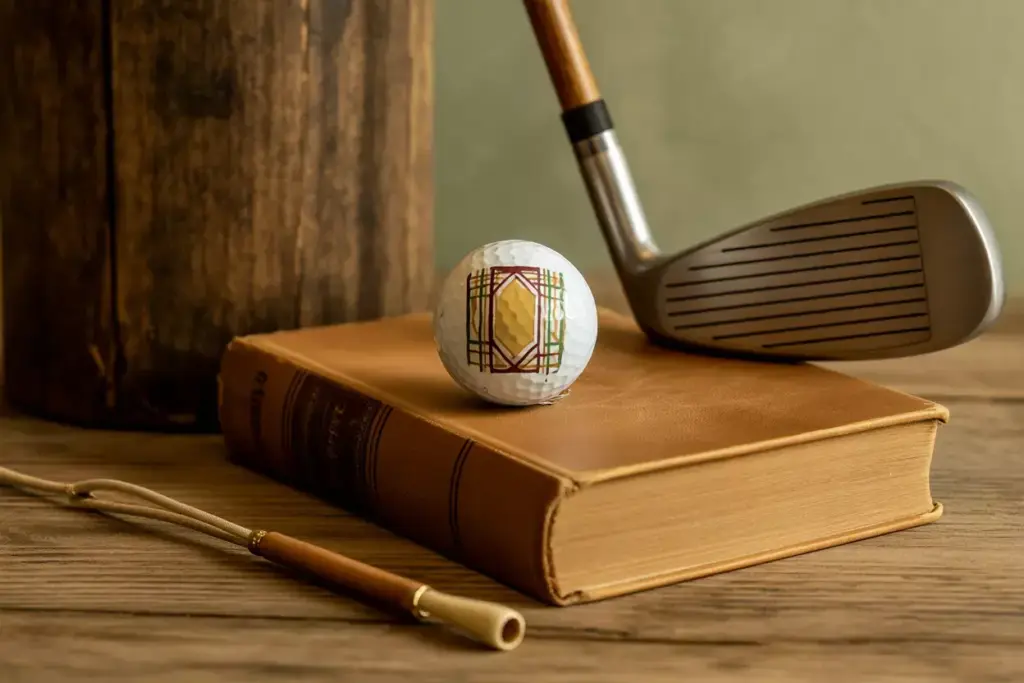 Vintage plaid golf ball with hickory putter on wood