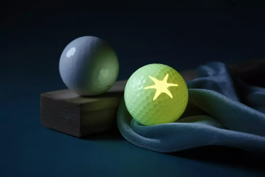 Glow in dark and metallic golf balls on dark velvet