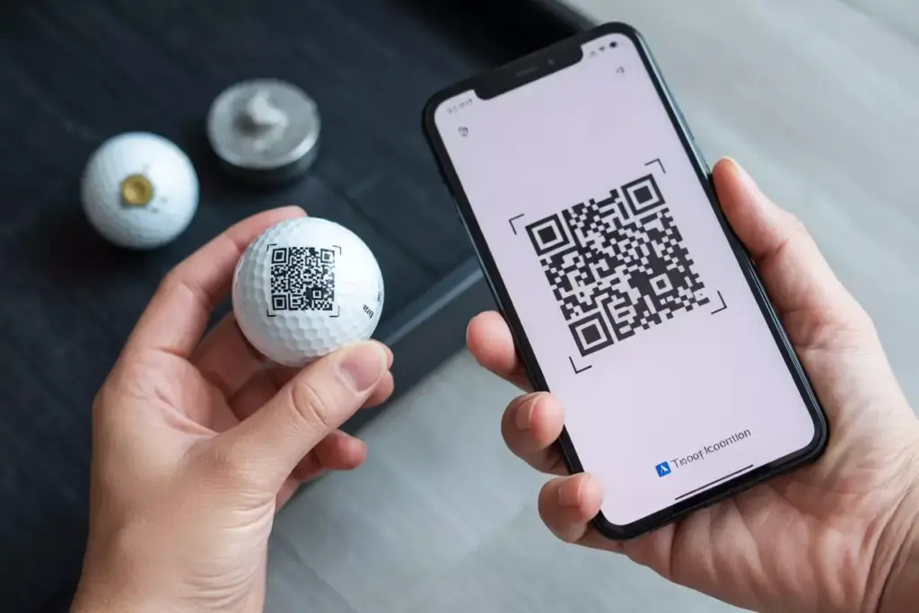 Golf ball with qr code in hand near smartphone scan