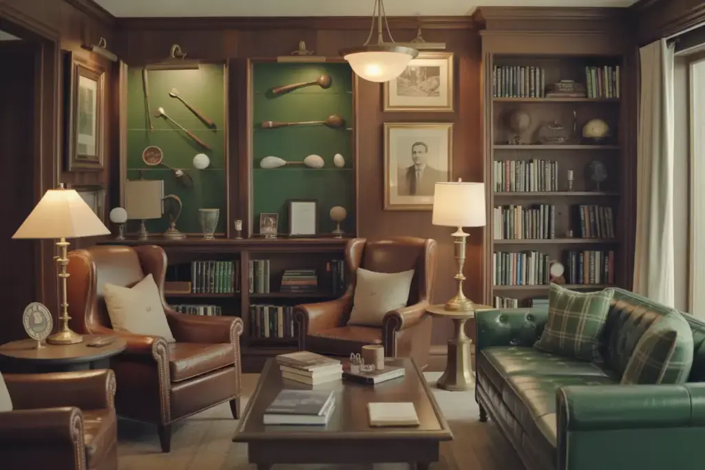 A Vintage Golf Club Lounge With Wood Paneling Leather Furniture And Display Cases For Memorabilia