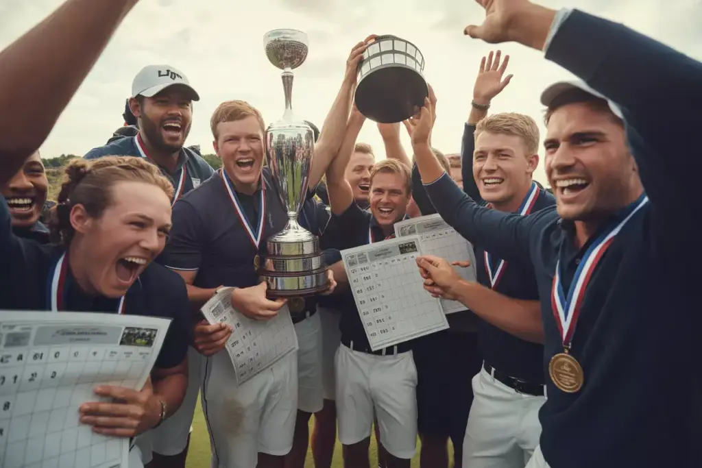 Golf Team Celebrating Victory With Trophy Medals And Genuine Joyful Expressions Post Tournament