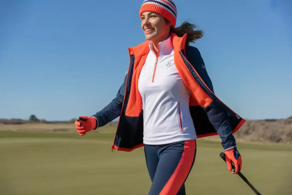 The Bold Color Statement Woman Golfer In Coral And Navy On Winter Fairway