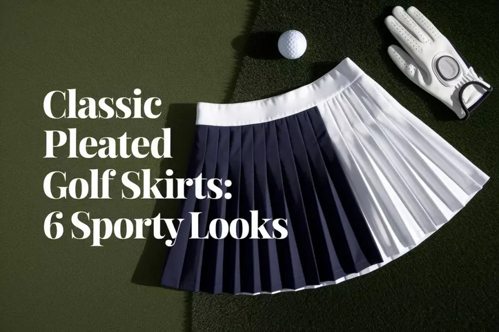 Classic pleated golf skirt flat lay on putting green with accessories