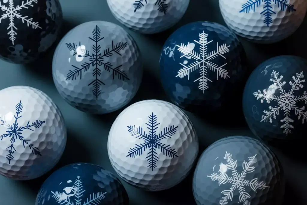 Elegant snowflake pattern golf balls flat lay
