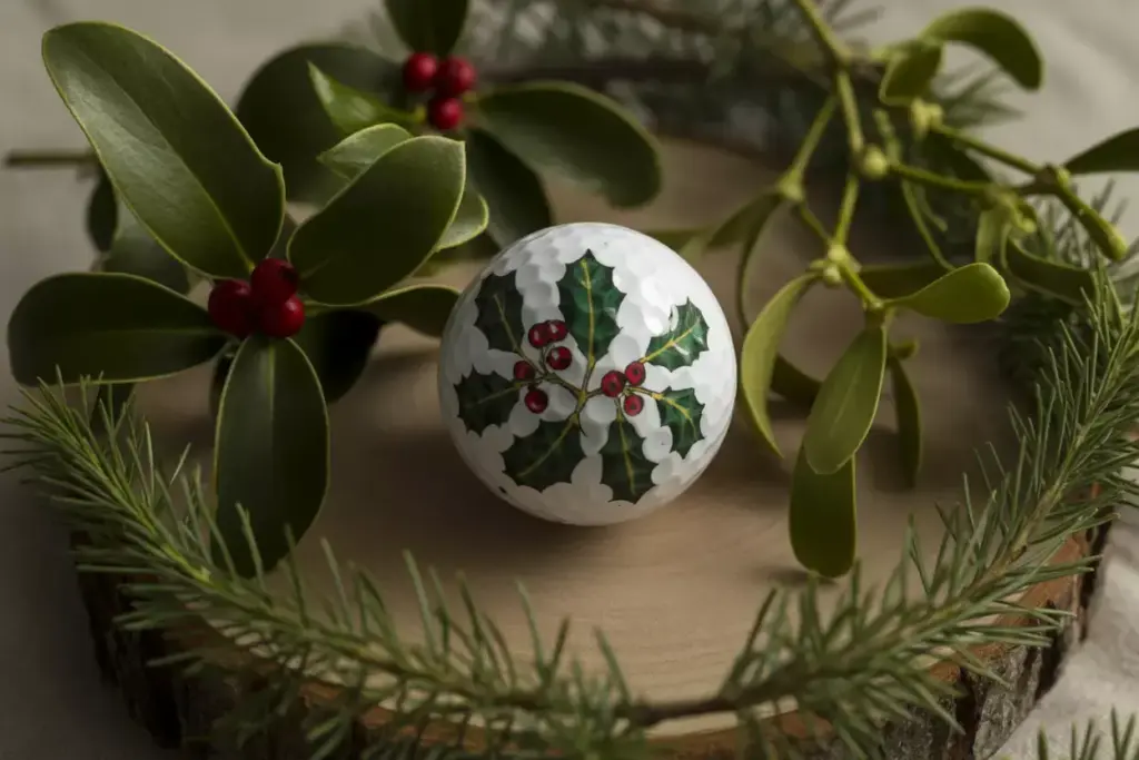 Holly mistletoe botanical golf ball natural still life