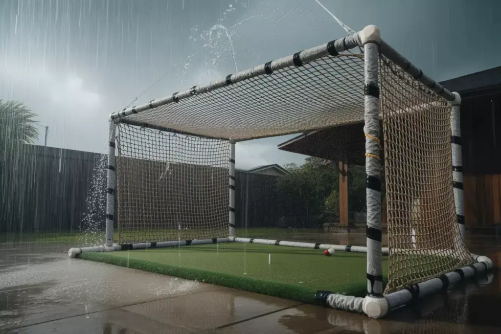 All Weather Golf Net In Rainstorm With Stainless Steel Frame And Beading Water