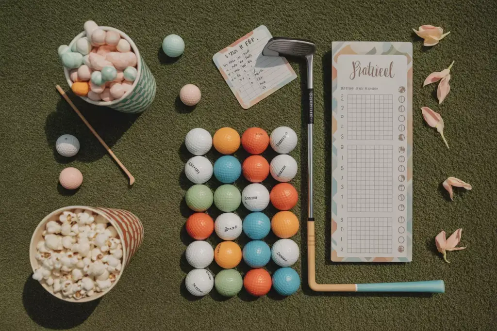 Flat Lay Of Golf Balls Putter Scorecard And Themed Snacks On Turf