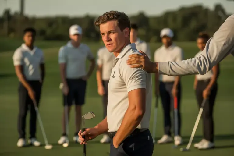 Golf Team Captain In Sharp Focus With Supportive Teammates Blurred In Background On Course