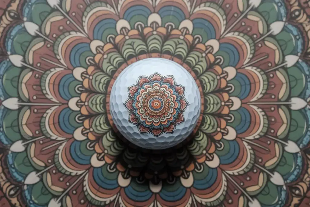 Mandala inspired golf ball intricate symmetrical colorful detail
