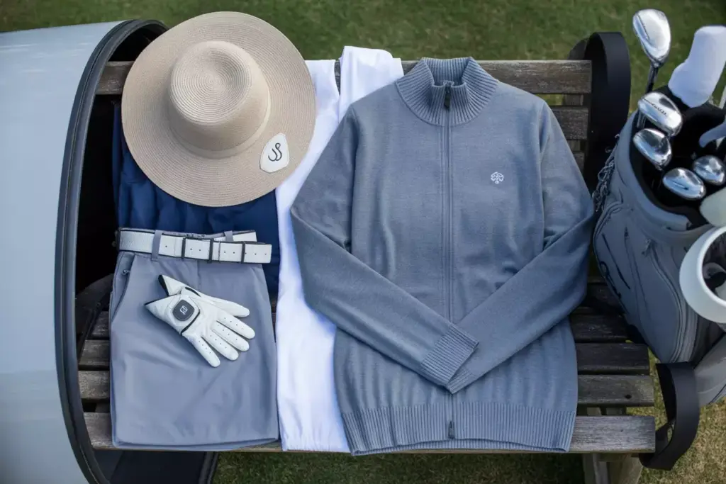 Golf accessories flat lay hat belt gloves cardigan sleeve