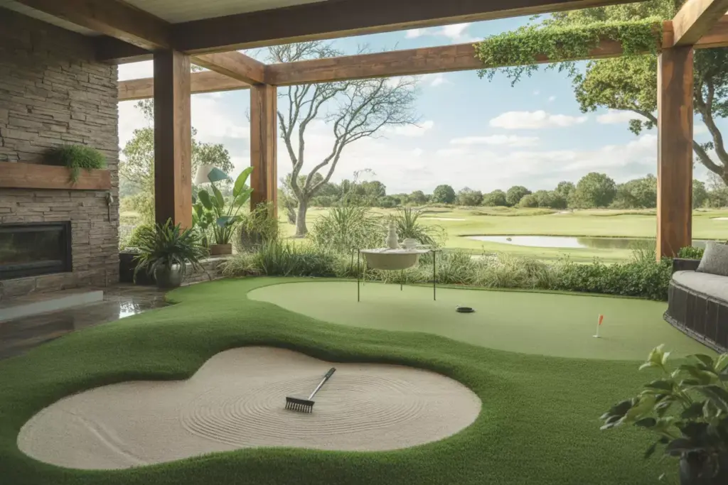 115b An Outdoor Inspired Indoor Sanctuary With Stone Walls Wood Beams Artificial Turf