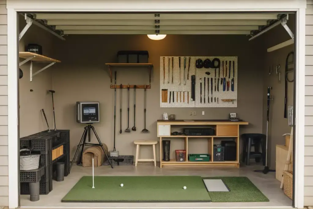 A Budget Friendly Diy Golf Haven In A Garage With Foam Tiles A Portable Launch Monitor And Pvc Storage