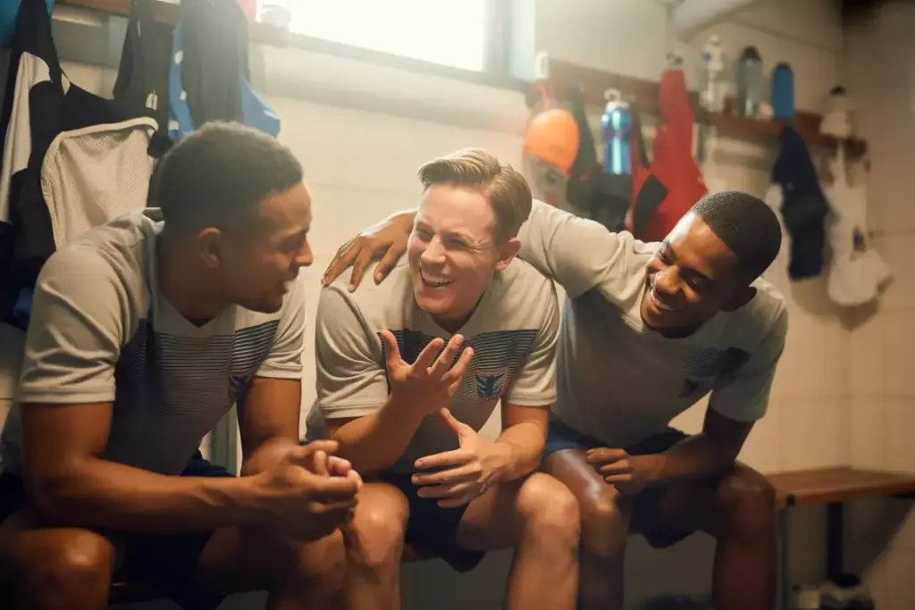 Candid Behind The Scenes Golf Team Bonding Moment In Locker Room Sharing Laughs And Equipment