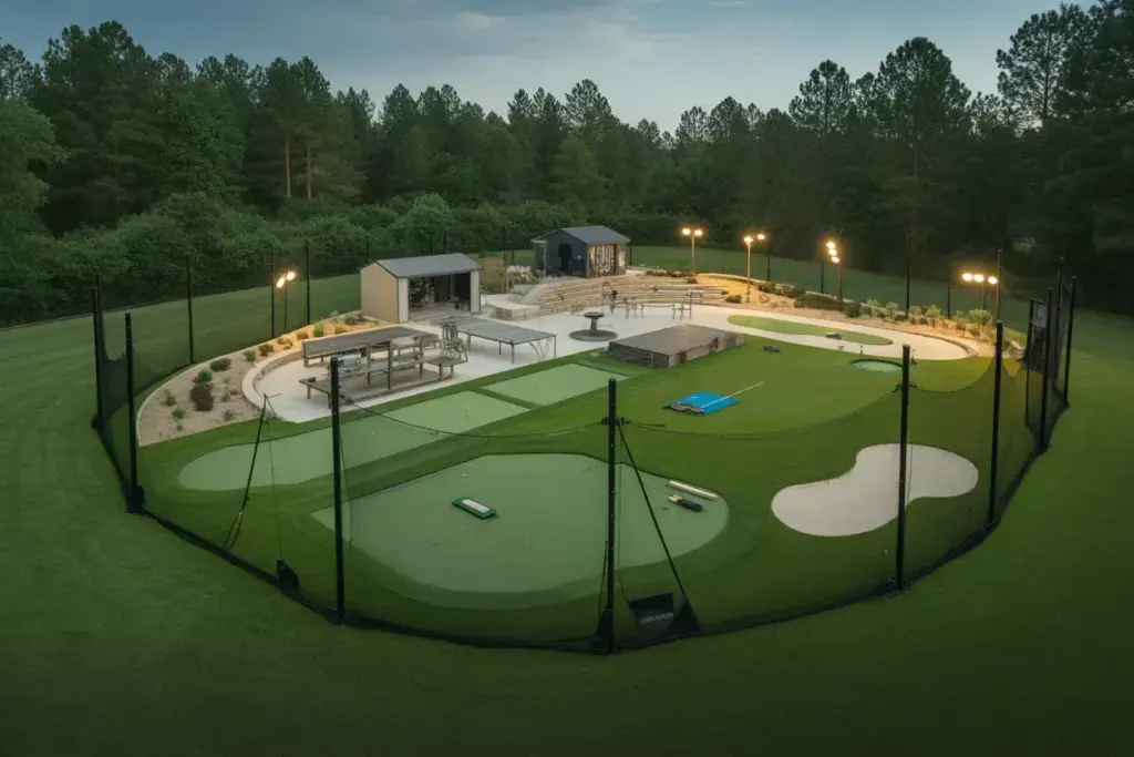 Custom Multi Purpose Golf Enclosure With Putting Green Chipping Area And Led Lighting