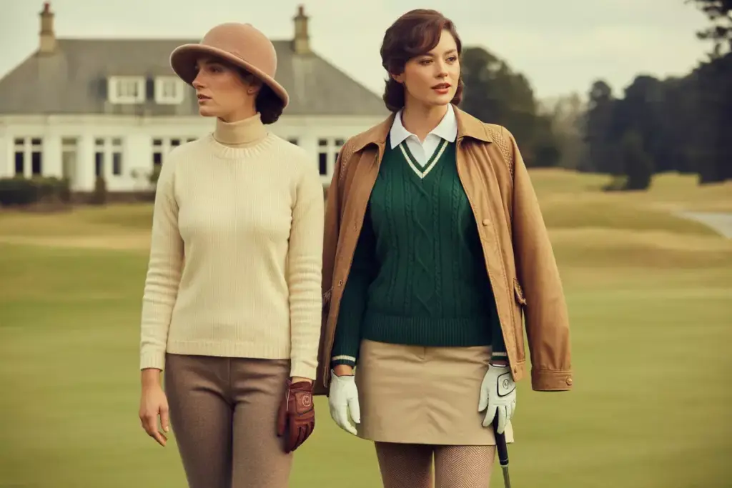 The Vintage Inspired Collection Woman Golfer In Cable Knit Sweater And Cloche Hat